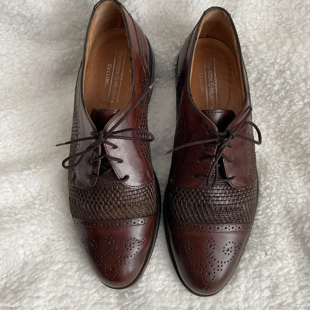 Johnston & Murphy Leather Men Size 8.5 Cellini Woven Oxford Brown Shoes